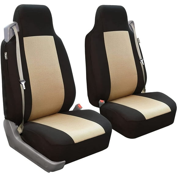 DEFNES Car Seat Covers Fabric Universal Fit Black and Beige, Includes Bucket Seats Cover, 2 Piece