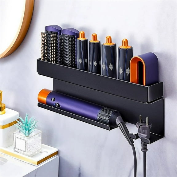 Wall Mounted Hair Dryer and Styling Tool Organizer, Self Adhesive Metal Hair Straightener and Curling Iron Holder with 2 Tier Storage for 7 In 1 Styler Attachments and Daily