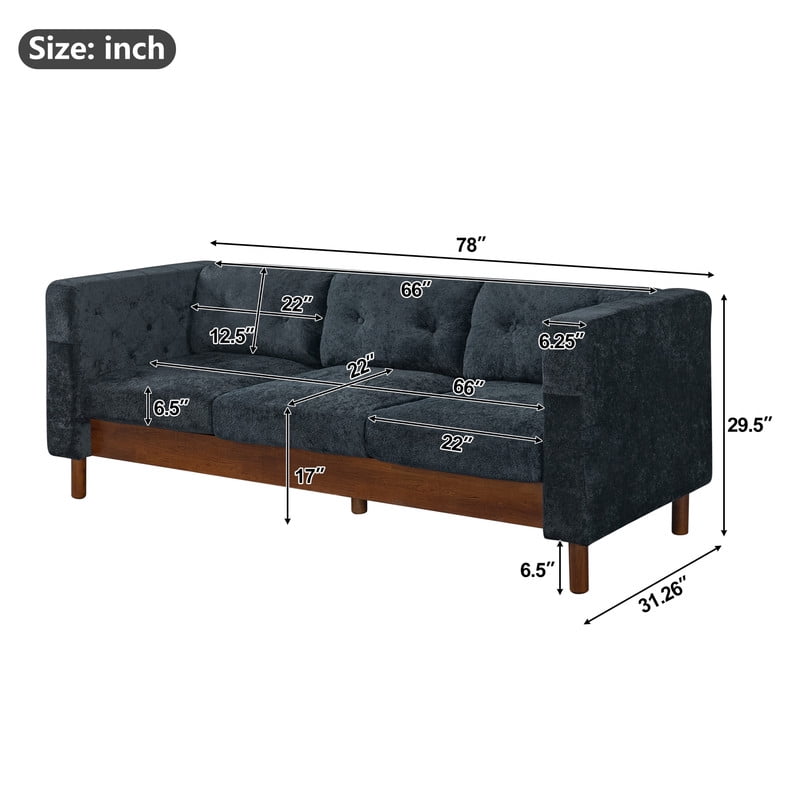 78" Modern Upholstered 3-Seater Sofa with Solid Wood Legs, Chenille Soft Couch with Square Arms & Tufted Pillow Back