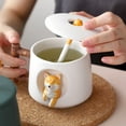thumbnail image 3 of Taza de café de cerámica, taza con patrón de animal Shiba Inu 3D, mango de diseño de madera interesante y cuchara a juego, muy adecuada para regalos, 420 ml., 3 of 5