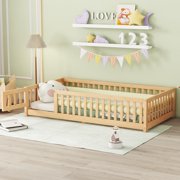PAPROOS Twin Floor Bed Frame for Toddler, Wood Platform Bed with Wooden Slats, Fence and Door, , Twin Size Montessori Floor Bed Cute Playhouse Bed for Kids Girls Boys, No Box Spring Needed, Natural