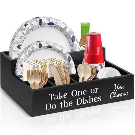 Farmhouse Rustic Wooden Plate Cup Napkin Dispenser Box Paper Organizer Portable Picnic for Cups Forks Spoon Plates