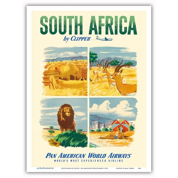 South Africa by Clipper - Pan American World Airways - Vintage Airline Travel Poster c.1951 - Master Art Print (Unframed) 9in x 12in