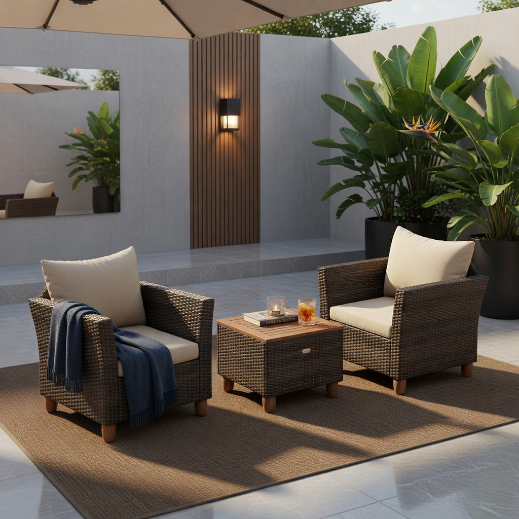Hommoo 3-Piece Outdoor Rattan Bistro Set with Acacia Wood Table, Steel Frame, Weather-Resistant PE Wicker for Patio, Backyard & Poolside, Brown