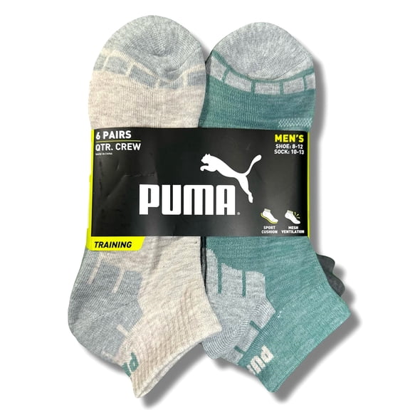 PUMA SOCKS MEN'S - QUARTER CUT - CUBE 253- BEIGE GREEN - LARGE (10-13) PACK 6 XX