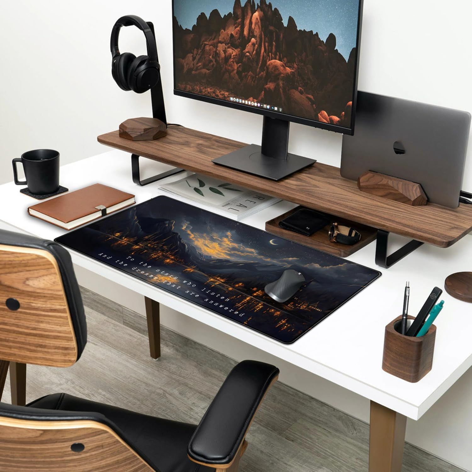 Starry Night Mountain Desk Pad Mat Moon Oil Painting XXL Black Mouse Pad for Gaming Deskpad, Aesthetic Moon and Stars Mousepad Xxl for Laptop Computer Mouse Game Keyboard Mat, 31.5 X 15.8 In