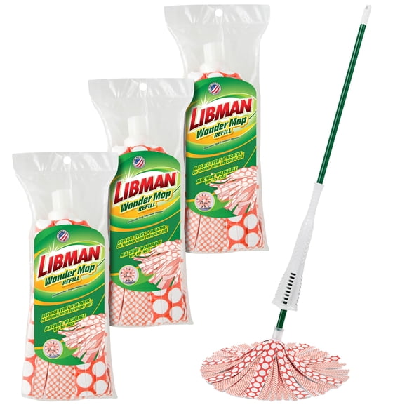 Libman Wonder Mop Plus 3 Refills, Self-Wringing, Absorbent, Microfiber Floor Mop for Household Multi-Surface Cleaning, 3 Machine