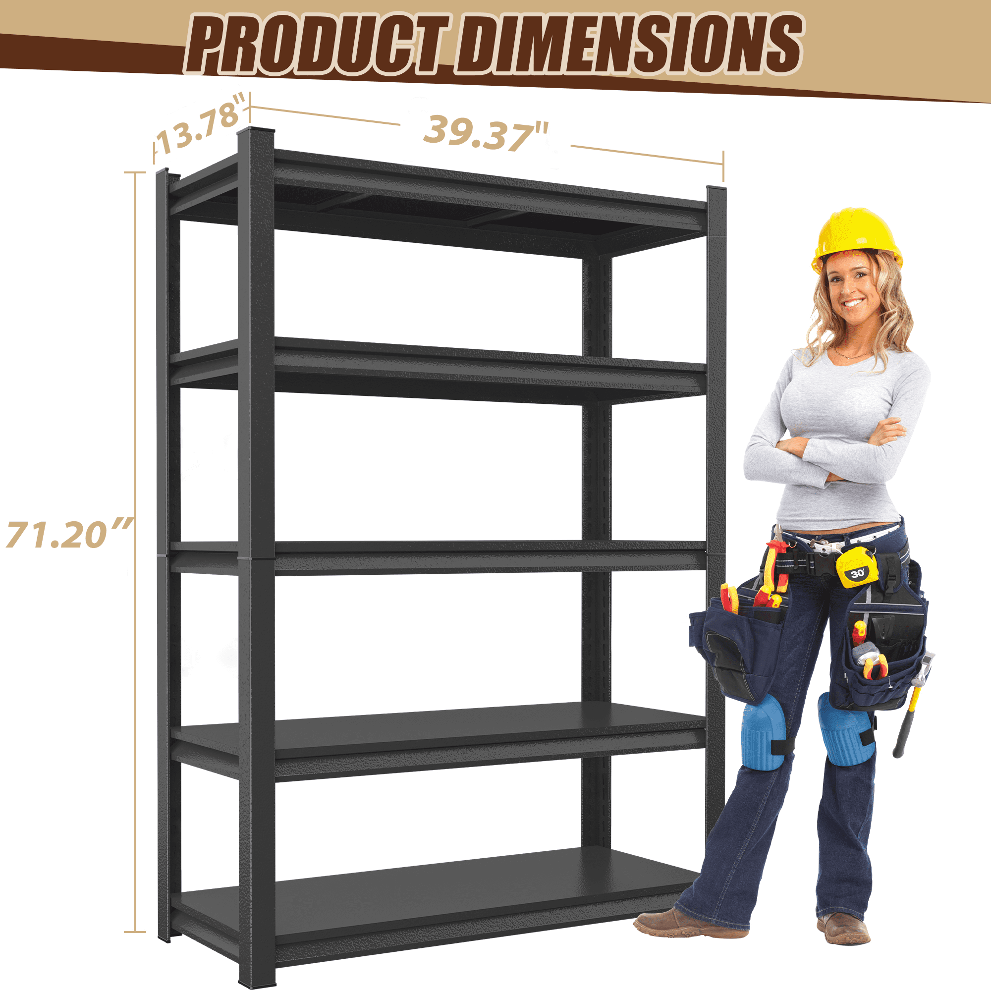 5-Tier Metal Storage Shelving, Industrial Utility Rack, Adjustable Height Bookcase for Living Room, Office, Garage, Supermarket, Gym, 71.20''H x 39.37''W x 13.78''D, Black, Assembly Required