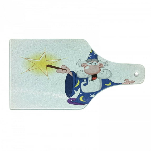 Wizard Cutting Board, Medieval Mage with a Crazy Face Expression Creating a Powerful Spell Clipart, Decorative Tempered Glass Cutting and Serving Board, in 3 Sizes, by Ambesonne