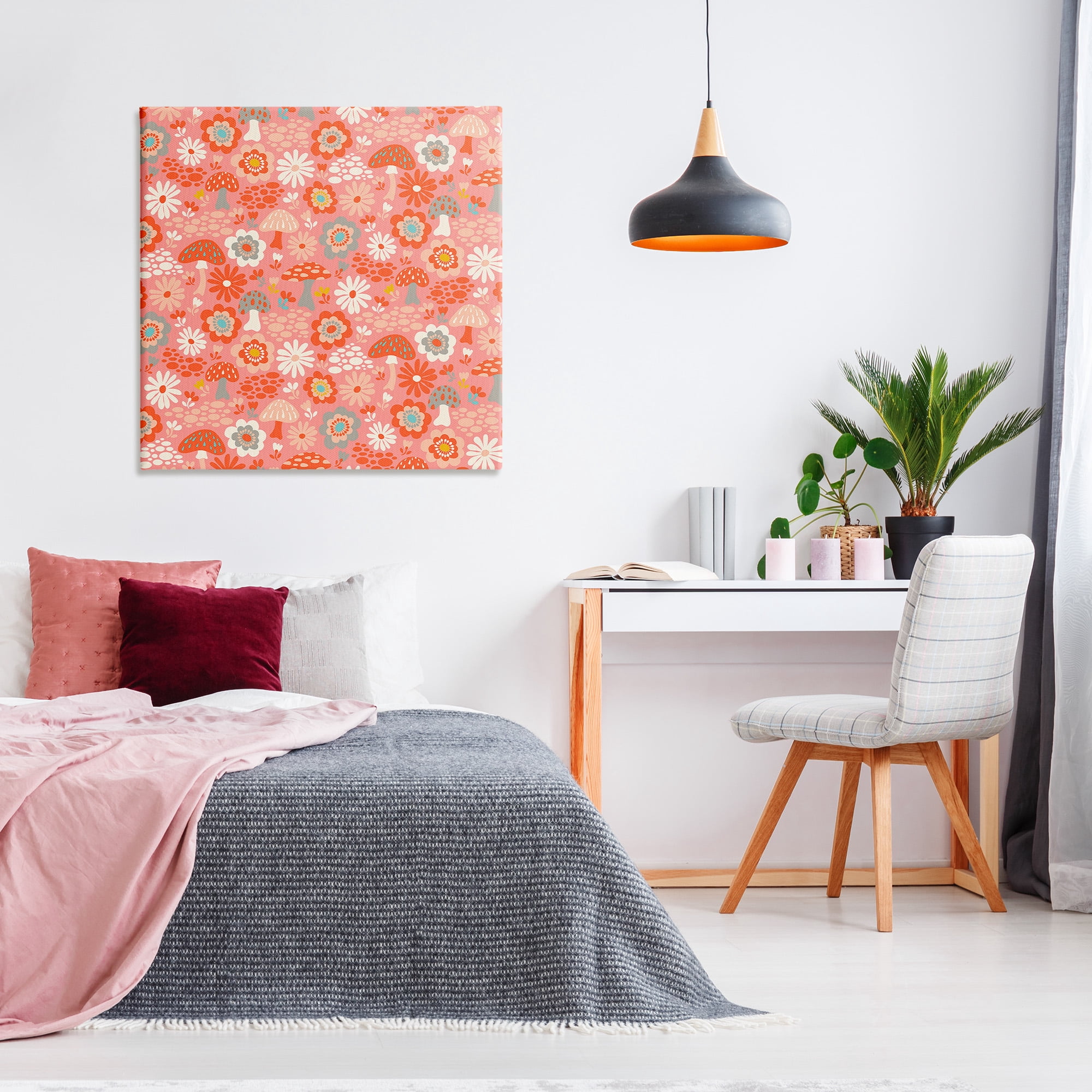 Stupell Industries Mushroom & Floral Pattern Botanical & Floral Painting Gallery Wrapped Canvas Art Print Wall Art, 36 x 36