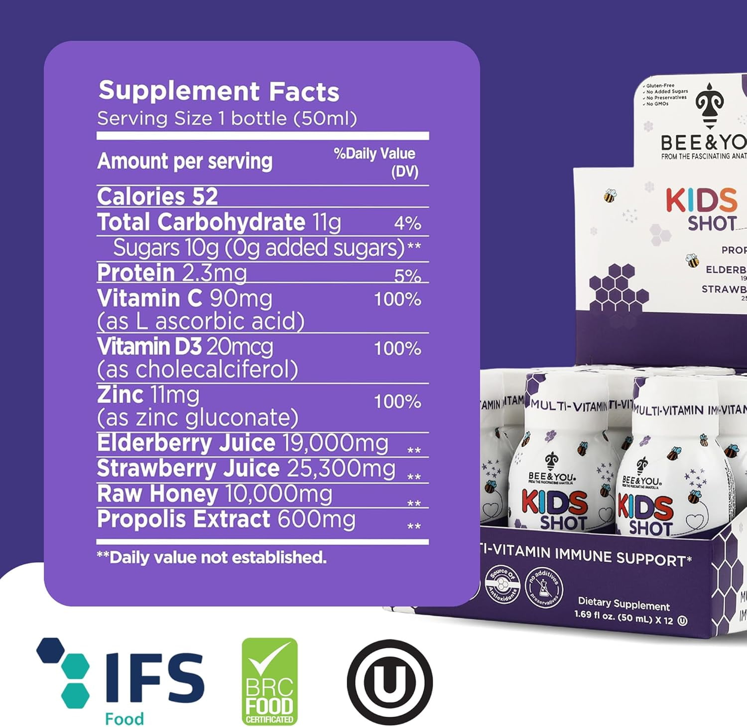 BEE&YOU Kids Propolis Shot with Vitamin C, Vitamin D3 & Zinc, Strawberry Flavor, No Added Sugar, Non-GMO Kids Daily Supplement, Ages 4+