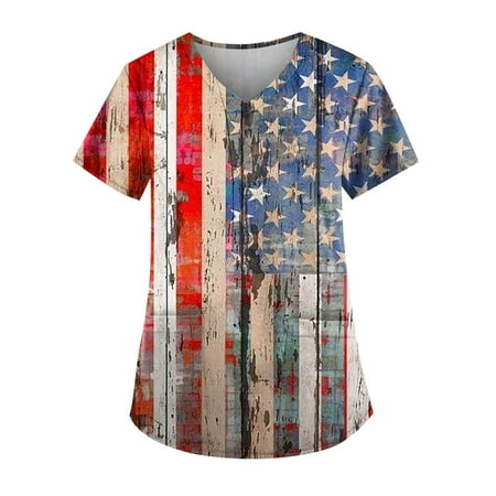 

Sksloeg Women Scrub Tops American Flag Print Patriotic Top V-Neck Workwear Short Sleeve T-Shirts with Pockets Nursing Working Uniform Red XXXXXL