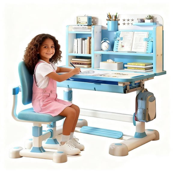 YNCE Kids Study Desk with Chair - Height Adjustable Children School Study Table Chair Set, Kids Homework Desk with Tiltable Desktop & Large Writing Board for Bedroom, Ideal Gifts for Boys Girls 8-12