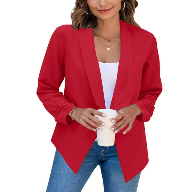 Innerwin Lapel Blazer Solid Color Women Jacket Coat Office Long Sleeve Open Front Blazers Red L