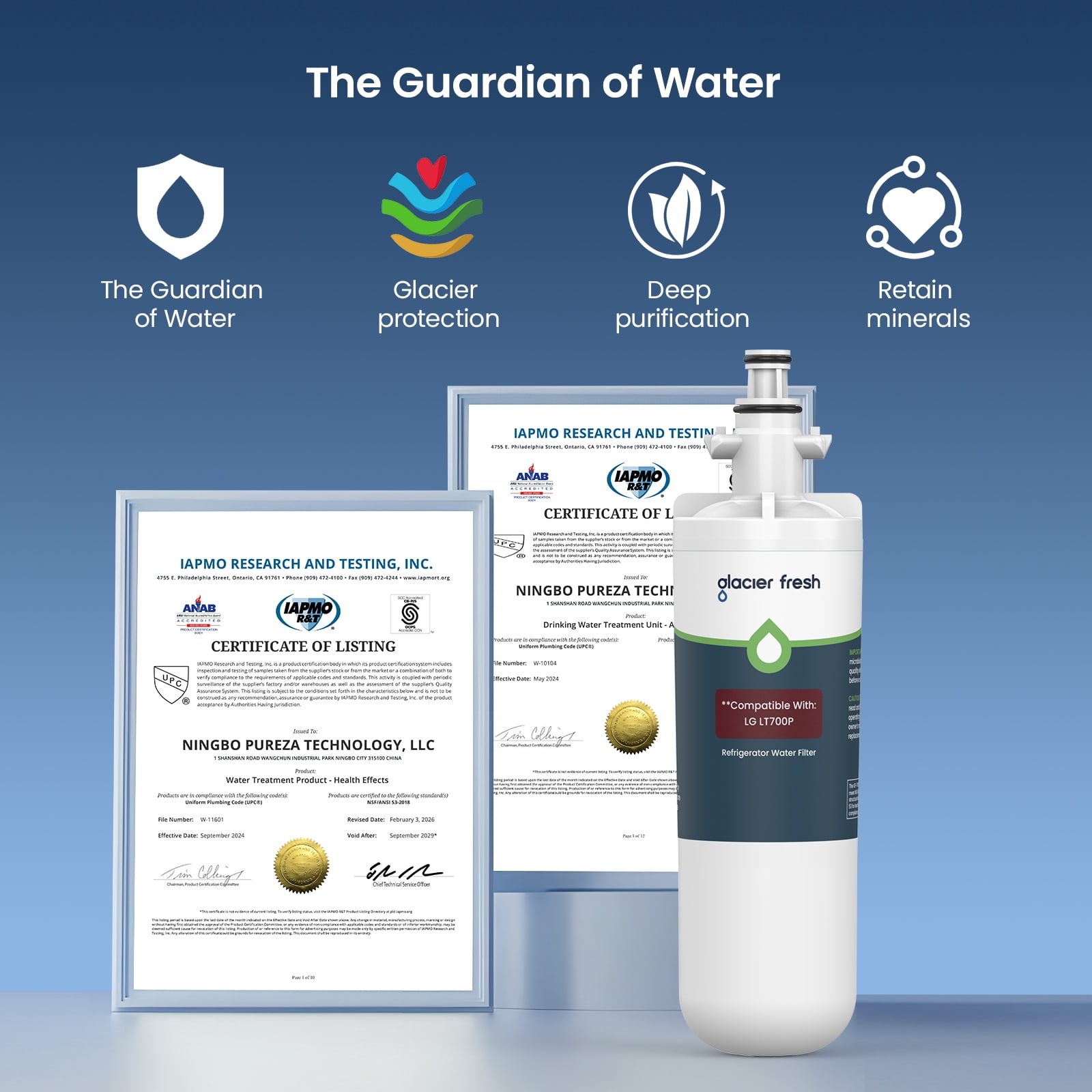 GLACIER FRESH LT700P Refrigerator Water Filter, NSF/ANSI 53 & 372 Certified, Compatible with LT700PC, ADQ36006101, ADQ36006102, RWF1200A, Kenmore 9690, 1 Pack
