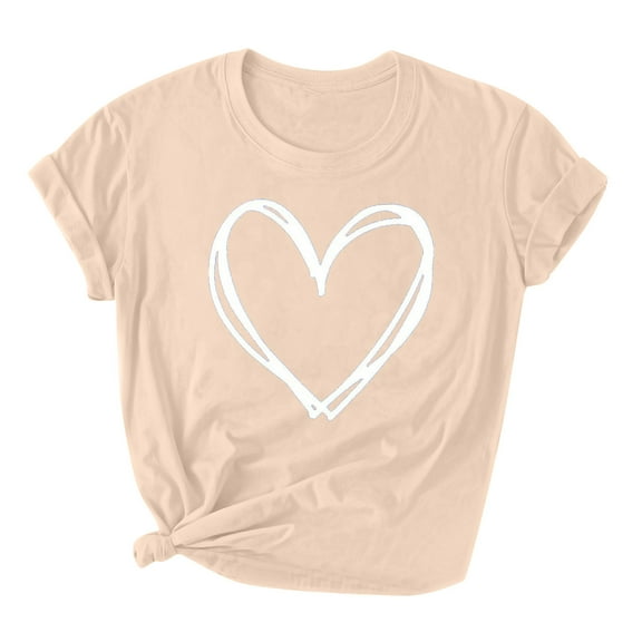 Lovskoo Women's 2024 Summer Tops Valentine Day Love Printed Short Sleeve T-Shirt Top Round Neck Top Shirt Beige