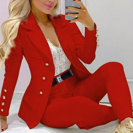 haxmnou women s solid two piece suit set business office long sleeve suit jacket and trouser red xxl