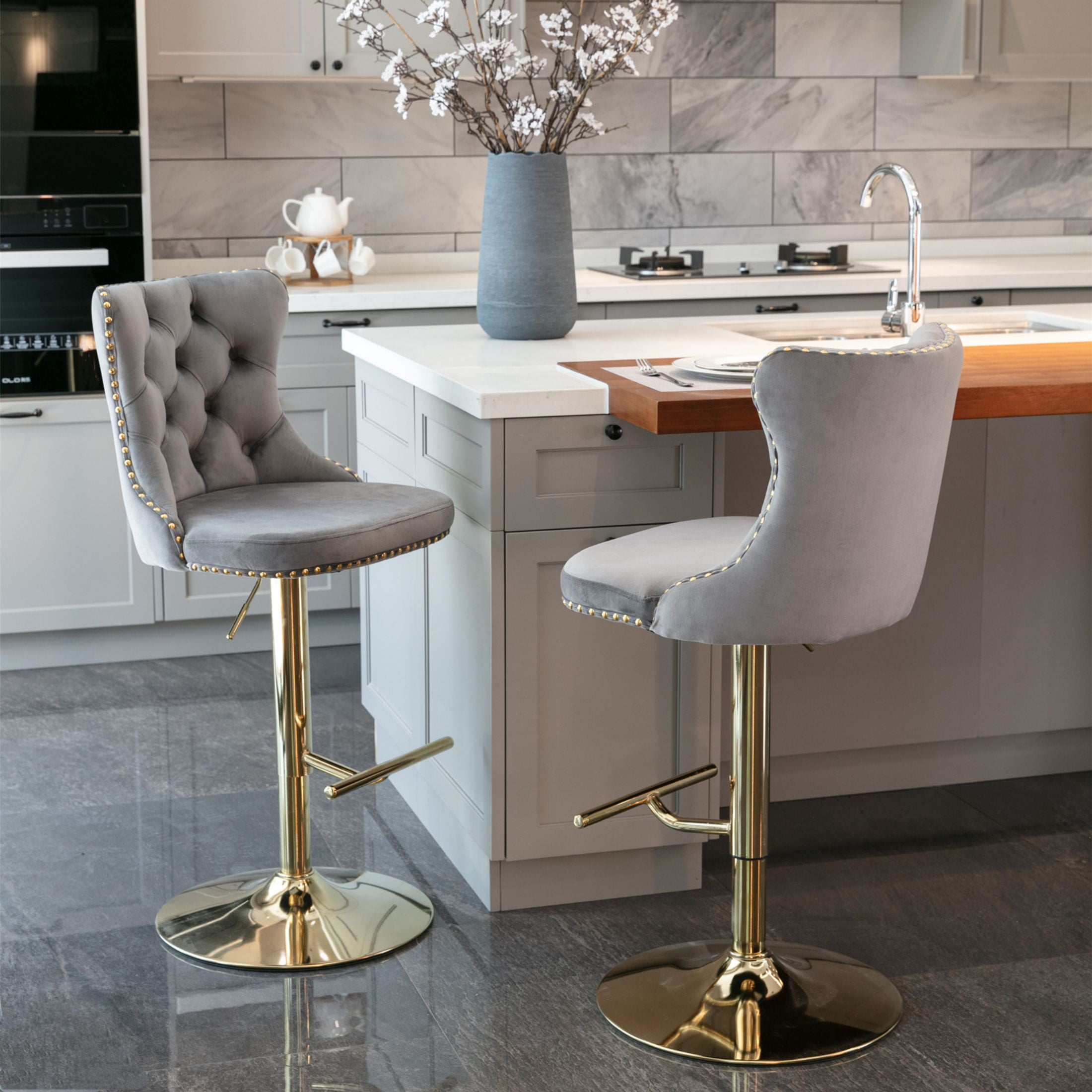 PORKISS Bar Stools Set of 2, Gold Velvet Swivel Barstools with Tufted Backs and Footrests, Upholstered Adjustable Seat from 25" to 33" for Home Pub, Kitchen Island, Gray