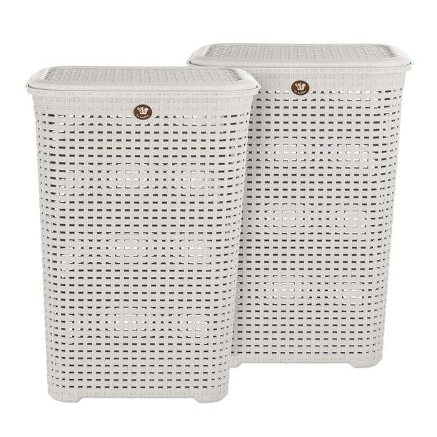 Kit 2 Cestos de Plástico La Ardilla Con Tapa para Ropa Tipo Rattan (Blanco)