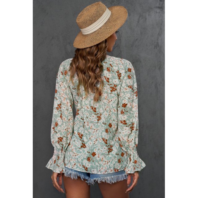 ABPHQTO Blusa con botones y cuello en V con estampado floral verde para mujer