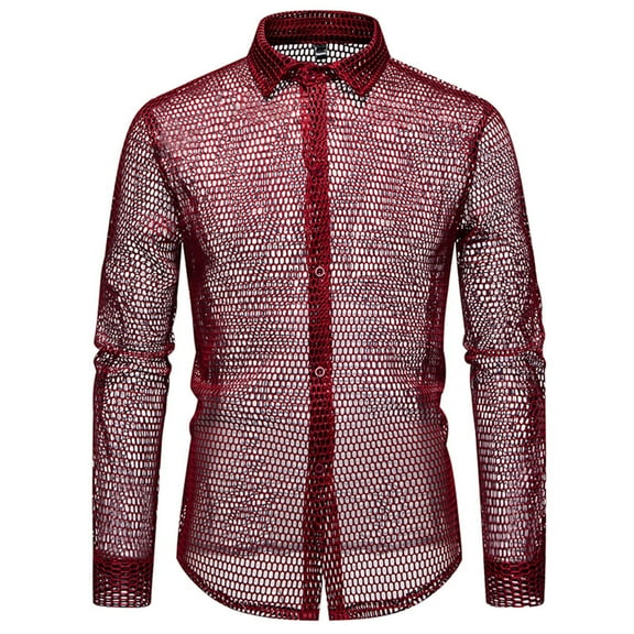 Miluxas Men's Hollow Out Nightclub Long Sleeve Shirts, Rave Party Button Down Tops Mesh Sheer Trendy Clothes Red