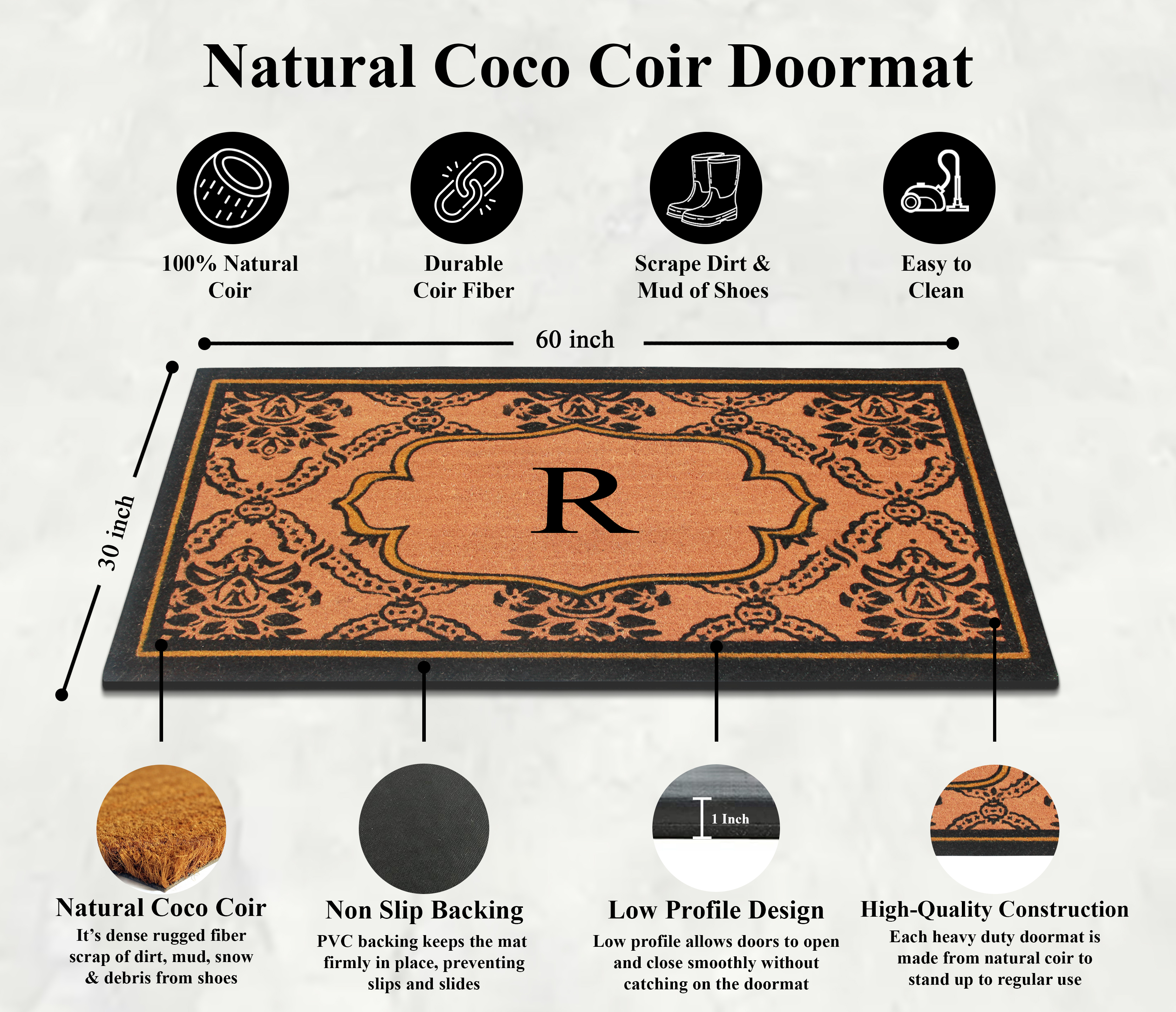 A1HC Natural Coir and PVC Monogrammed Floral Design Door Mat, 30" x 60", Anti-Shed Treated Durable Heavy Duty Front Door Mat for Outdoor Entrance