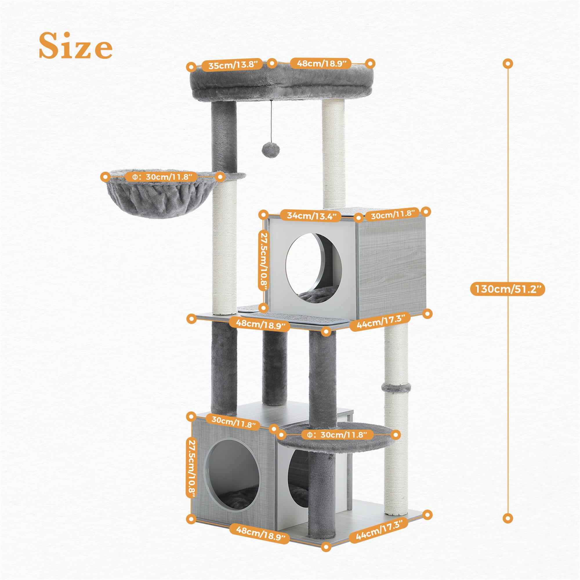 Kadyn 51" Modern Cat Tree for Large Cat, Wood Cat Tower with Scratch Post for Indoor Big Cats, Cat Condo for Kittens, Gray