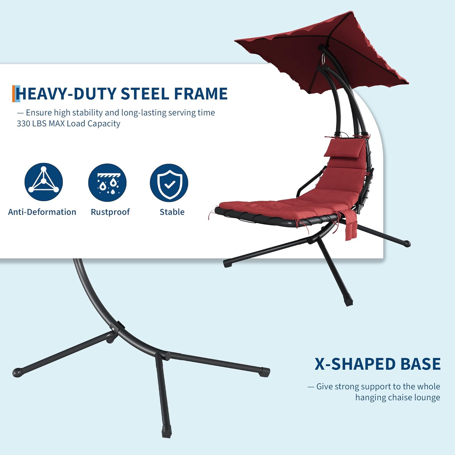 Senfot Dream Hammock, Iron + Cloth Cushion + Sunshade Canopy, Comfortable Outdoor Hammock for Backyard Red