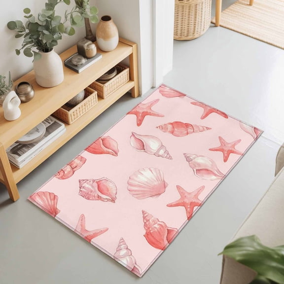 Rectangle Area Rug 2x3ft,Summer Pink Conch Shell Starfish Washable Carpet Non-Slip Runner Accent Rugs Indoor Floor Mat for Bedroom Living Room Decor,Coastal Ocean Creature