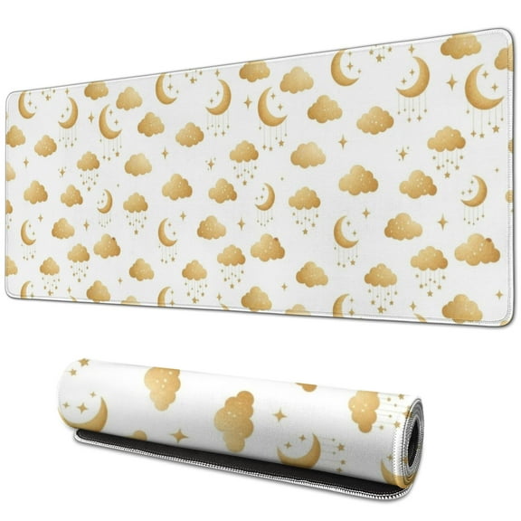 Long Mouse Pads for Desk,White Golden Cloud Moon Pattern Desk Mats on Top Of Desks, Desk Mouse Pad Extra Large with 3mm Non-Slip Base and Stitched Edge for Gaming,Office,Work,Home 31.5"x11.8"