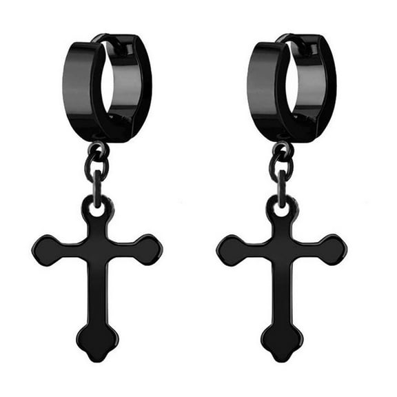 Stainless Steel Hinged Hoop Earrings 18 Gauge  Cross Dangle - Pair