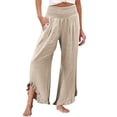 thumbnail image 2 of Linen Palazzo Pants for Women Spring Summer Smocked High Waist Wide Leg Asymmetric Ruffle Hem Flowy Beach Pants with Pockets, 2 of 6