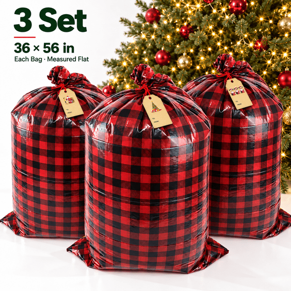 Christmas Large Plastic Bags Jumbo Gift Bags Xmas Extra Large Gift Bags with Rope & Signboard 36*56 in 3pcs