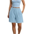 thumbnail image 3 of Women's Soft Fabric Elastic Waist Casual Shorts with Pockets, Solid Color Pleated Loose Fit, Shorts for Women Summer, Lounge Athletic | VerBelle,Light Blue M, 3 of 9