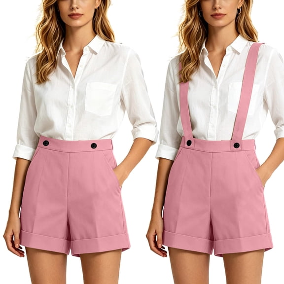 Pounoo Overalls for Women Loose Fit Suspender Shorts High Waist Cuffed Hem Solid Color Casual Daily Summer Beach Vacation Outfits