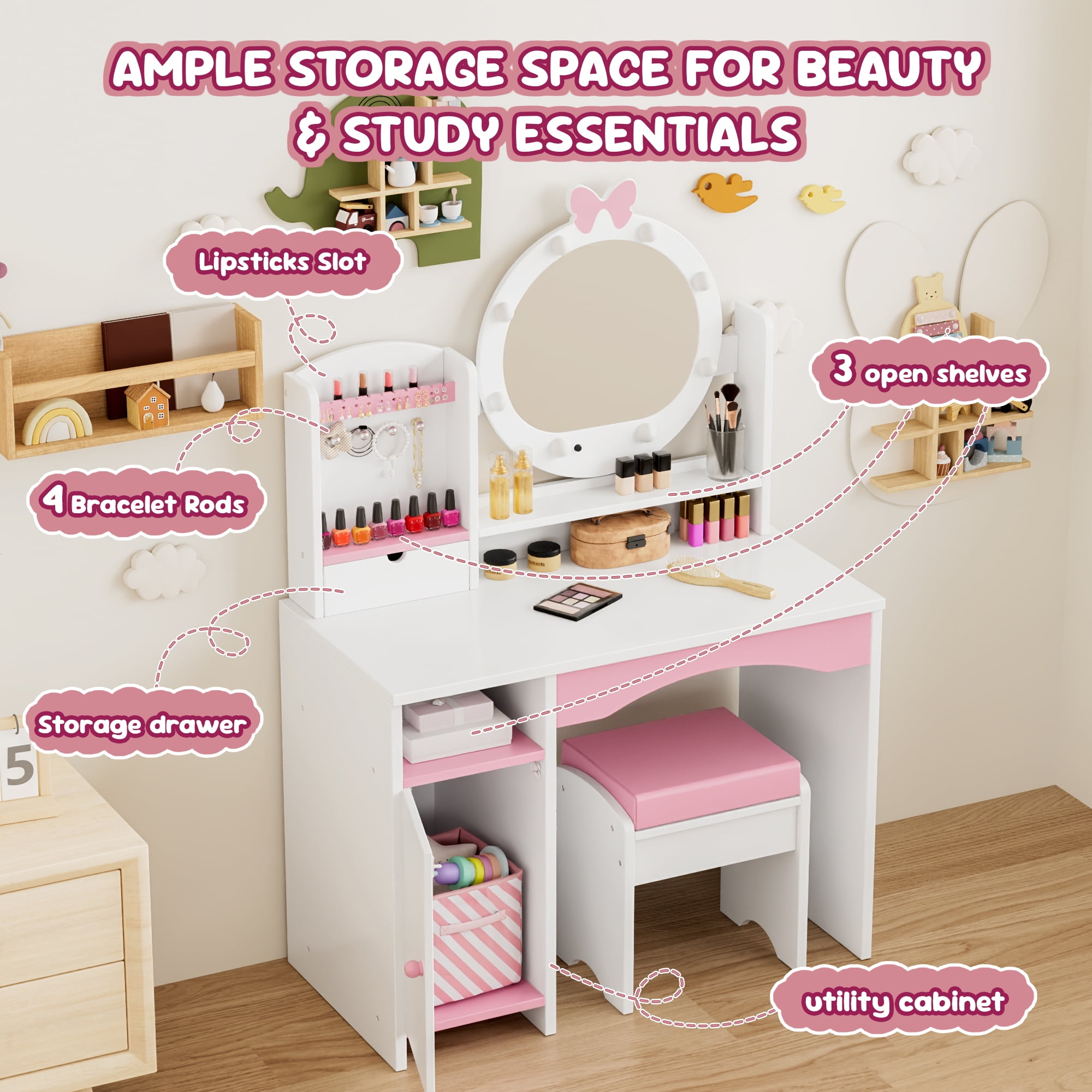 Reasea Kids Vanity Table, Girls Vanity Set, Princess Makeup Vanity Desk & Chair Set, White
