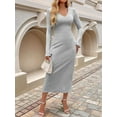 thumbnail image 6 of Womens V Neck Casual Knitted Long Sleeve Maxi Dress Slim Fit Ribbed Out Fall Winter Fashion Clothes Flower Gray XL, 6 of 7