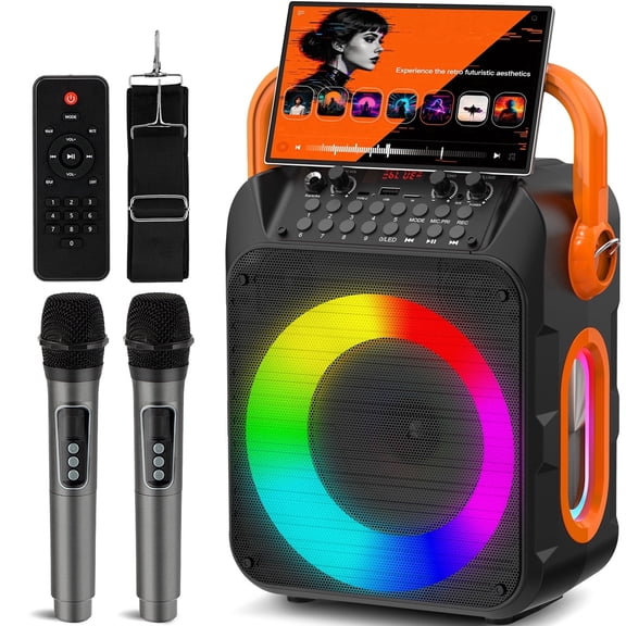 Burufy Karaoke Machine for Adults Kids, Home Karaoke System with 2 Microphones, Portable Bluetooth Speaker with Party Light
