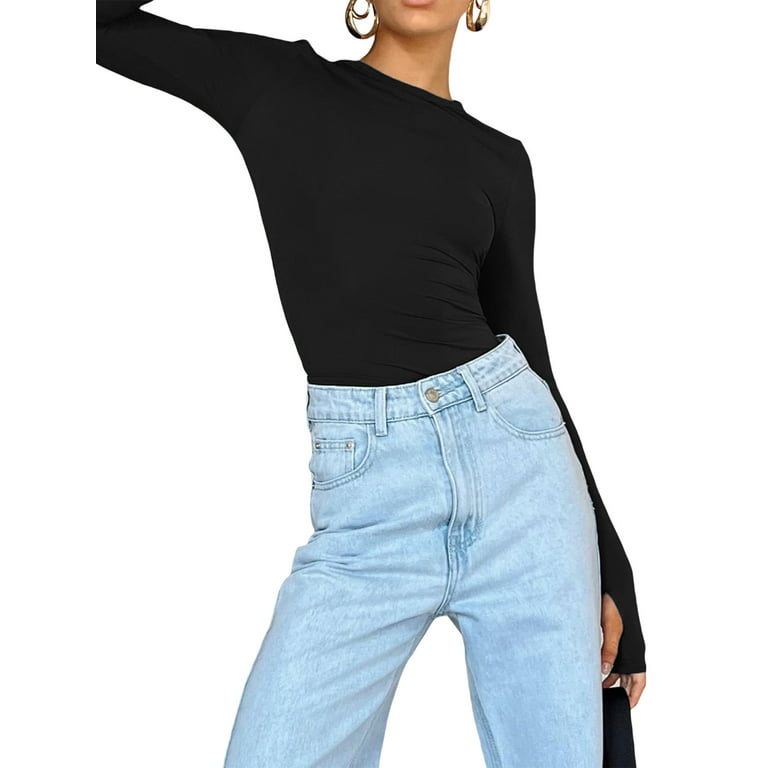 Sunisery Women's Casual Slim Fitted Basic Long Sleeve Solid Crop Tee Top  with Thumb Holes