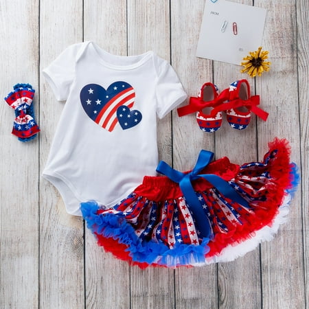

Cute Clothes for Young Teen Girls Girl Outfits Girls Independence Day Short Sleeve Cartoon Heart Prints Romper Bodysuit Skirt Headband Shoes 4PCS Outfits Clothes Set