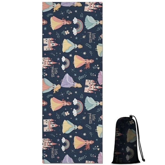 Dark Blue Little Princess Pattern Hot Yoga Mat Towel Non Slip for Hot Yoga - Quick-Drying Yoga Mat Cover with 4 Corner Pockets with Travel Bag - Hot Yoga Towel Non Slip 70"x26"