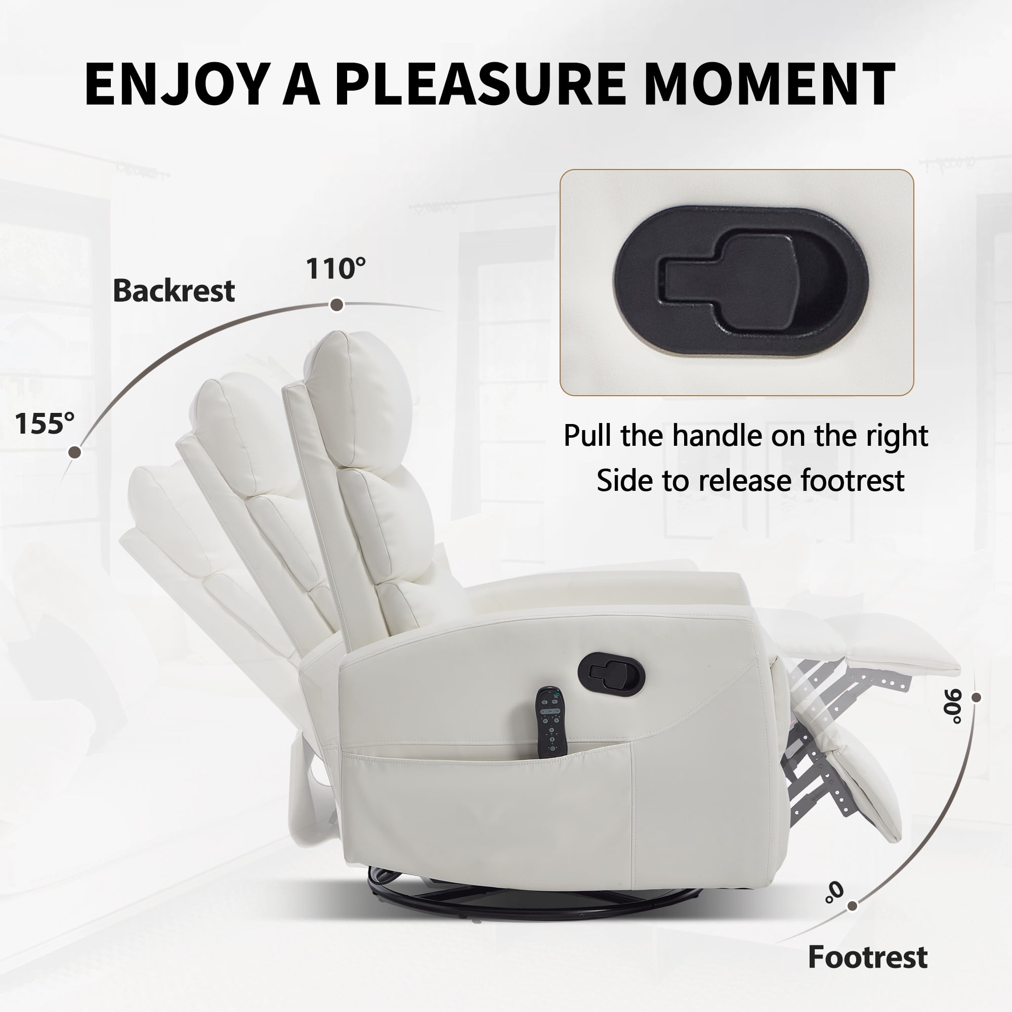 Aukfa 360° Swivel Recliner Rocking Chair with Massage and Heat for Living Room & Nursery, Leather, White