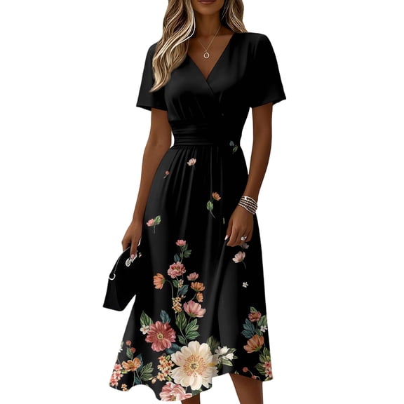 Maxi Dresses for Women Short Sleeve Crossover Wrap V Neck Summer Dress Evening Party Beach Vacation Sundress