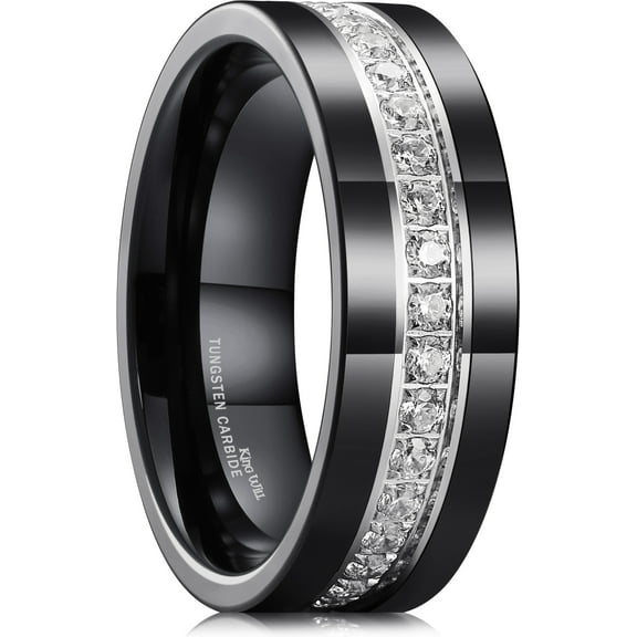 King Will Mens 8mm Black Polished Finish Tungsten Carbide Ring Cubic Zircon Stones Flat Style Wedding Band Comfort Fit Size 10