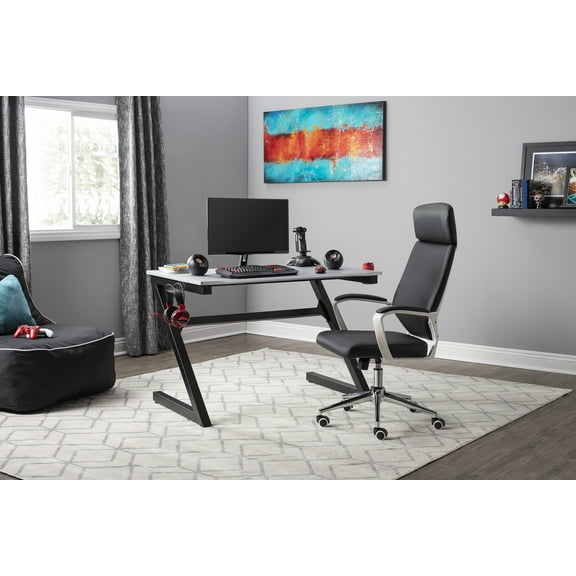 SD Studio Designs SD Gaming Zone PC Gamer Computer Desk with , Charging Station and Headphone Hook, Black Metal Legs/Racing Silver Top