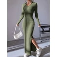 thumbnail image 6 of Women'S Casual Long Sleeve Collar V Neck Maxi Sweater Dress Slit Thigh Ribbed Knit Bodycon Pencil Dresses Green L, 6 of 9