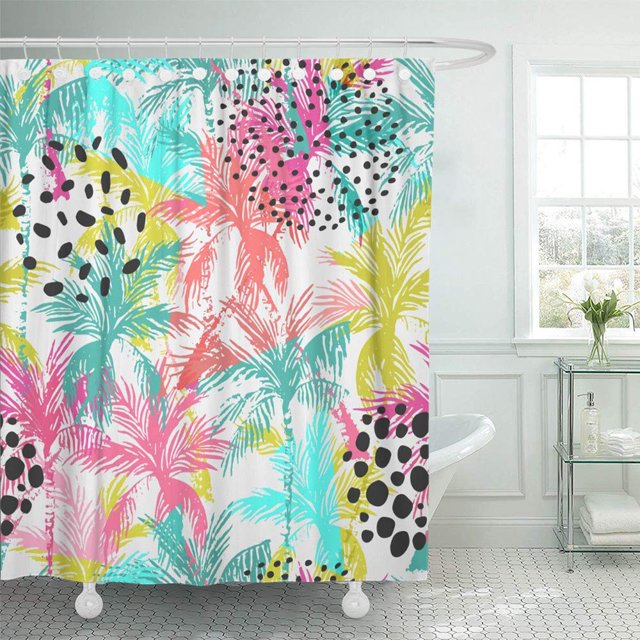 ABPHQTO Resumen Verano Floral y Geométrico con Triángulos Palmeras Doodle Gradiente 80S Juego de Cortinas de Ducha de Baño Impermeables 165x180 cm ABPHQTO PKNMT66x72Shower-9618