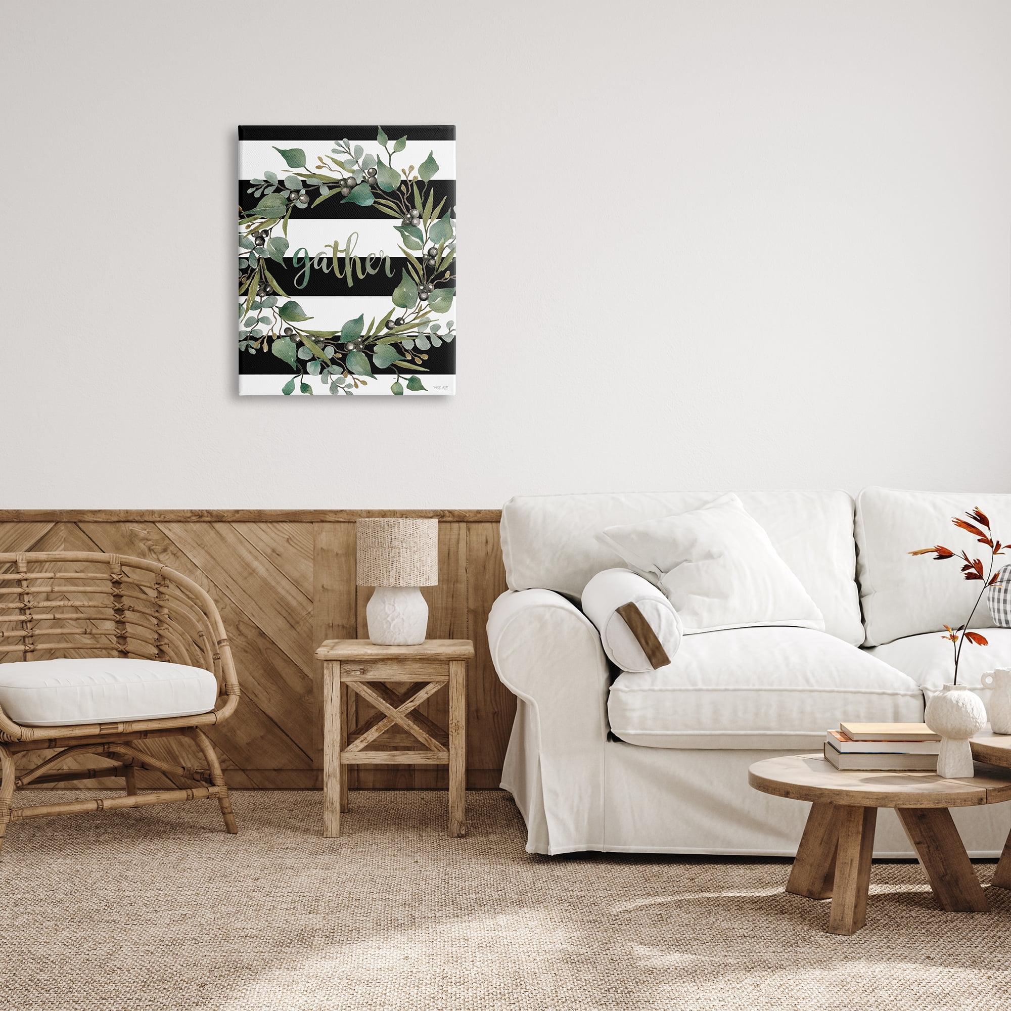 Stupell Industries Gather Calligraphy Stripes Pattern Wreath Botanicals Leaves Graphic Art Gallery Wrapped Canvas Print Wall Art, Design by Cindy Jacobs