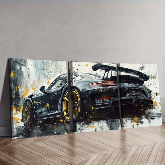 3pcs Set Black Sports Car Canvas Wall Art, 30.0x40.01cm Each, Art Deco Classic Modern Style, Wood Framed Wrapped Canvas, Portrait Orientation, Indoor Decor for Home Office, Bedroom, Dining Room, Kit