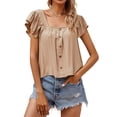 thumbnail image 3 of QAFOPEH Women Square Neck Backless Ruffle Short Sleeve Buttons Solid Color Top, 3 of 7